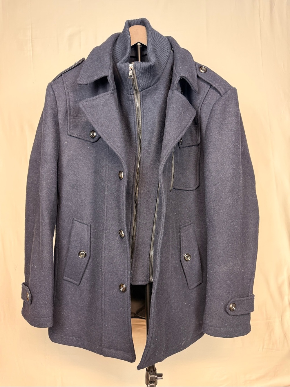 MEN'S DARK NAVY WOOL-BLEND MILITARY/UTILITY COAT | SIZE L | 30% WOOL